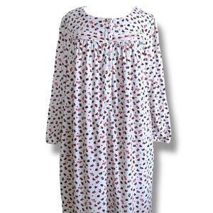 Lanz of Salzburg Womens Nightgown Sz Small White Red Berry Floral Plush Fleece